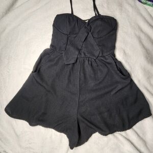 "About A Girl" Front Tie Black Romper, Short, Size Small, Pockets
